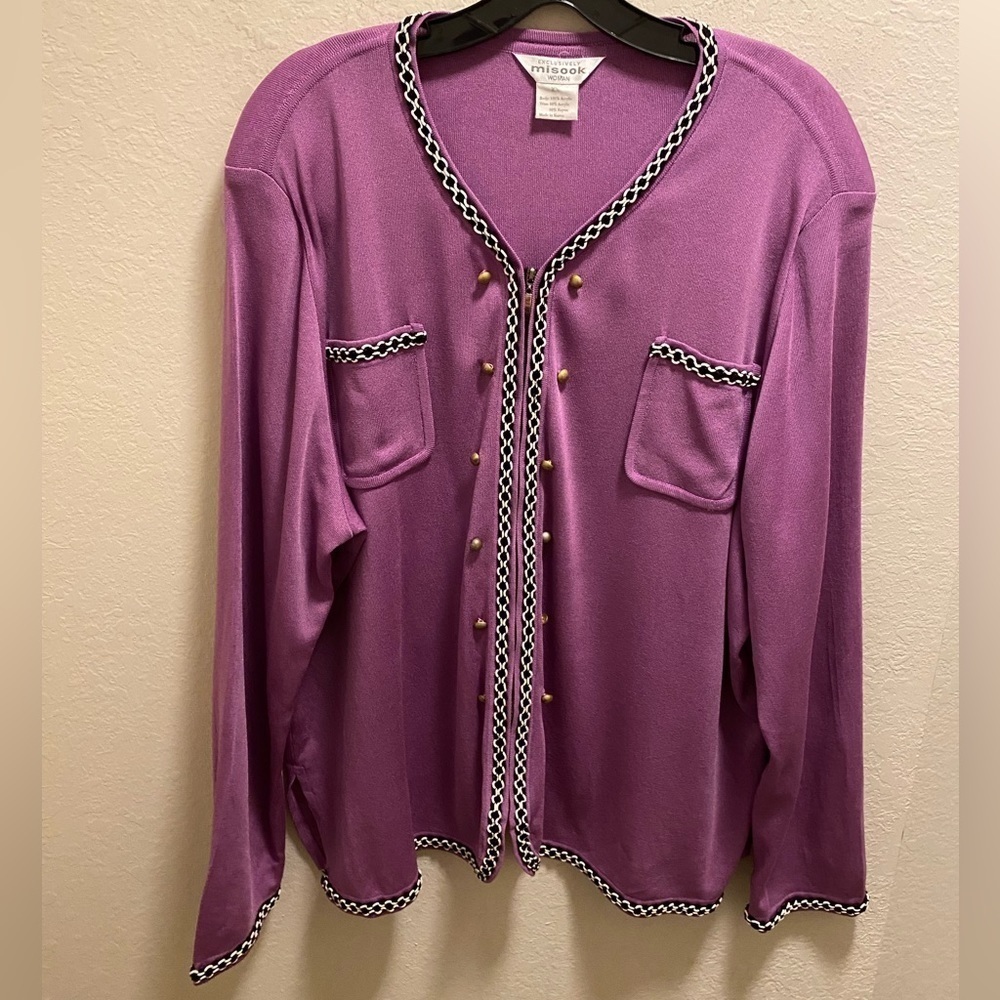 Exclusively Misook Women's Purple Zip Front Black & White Trim Jacket Size 2X